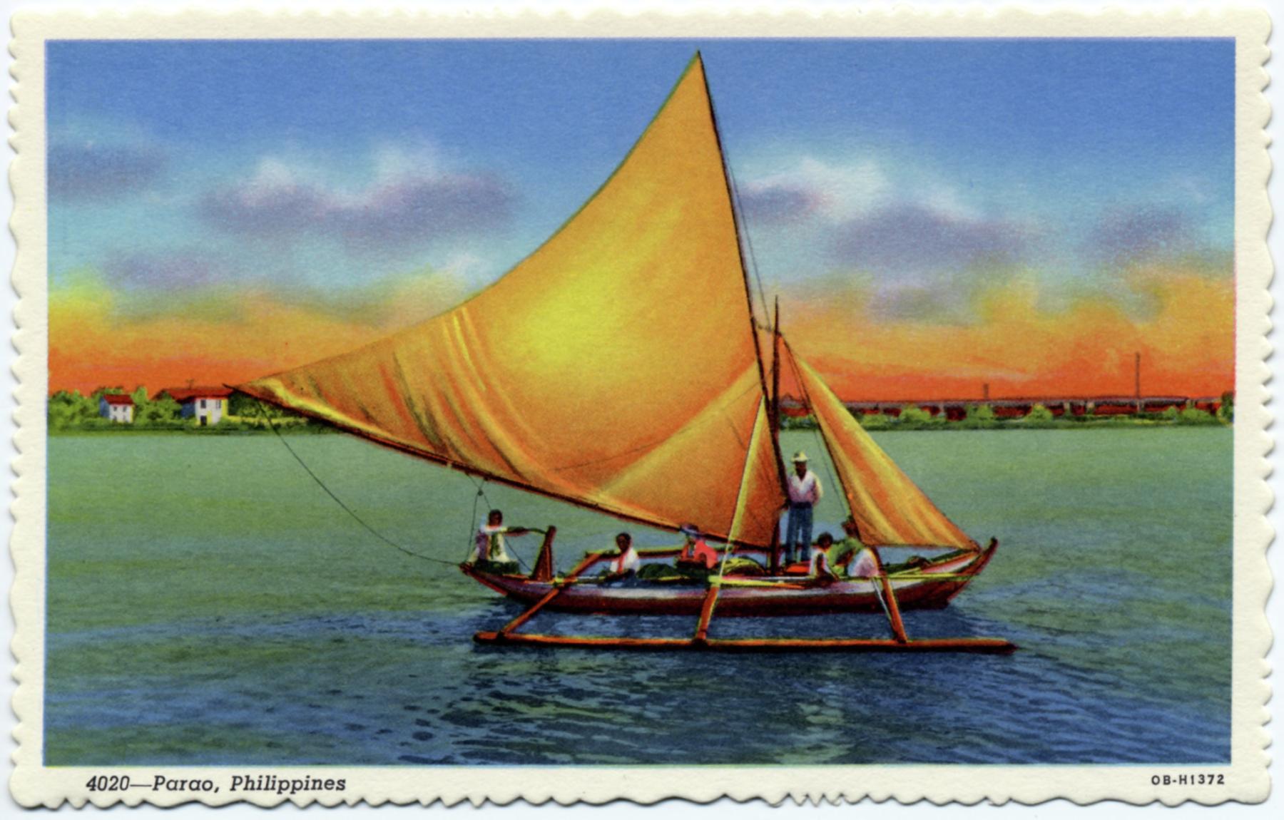 postcard of Filipinos on a sailboat